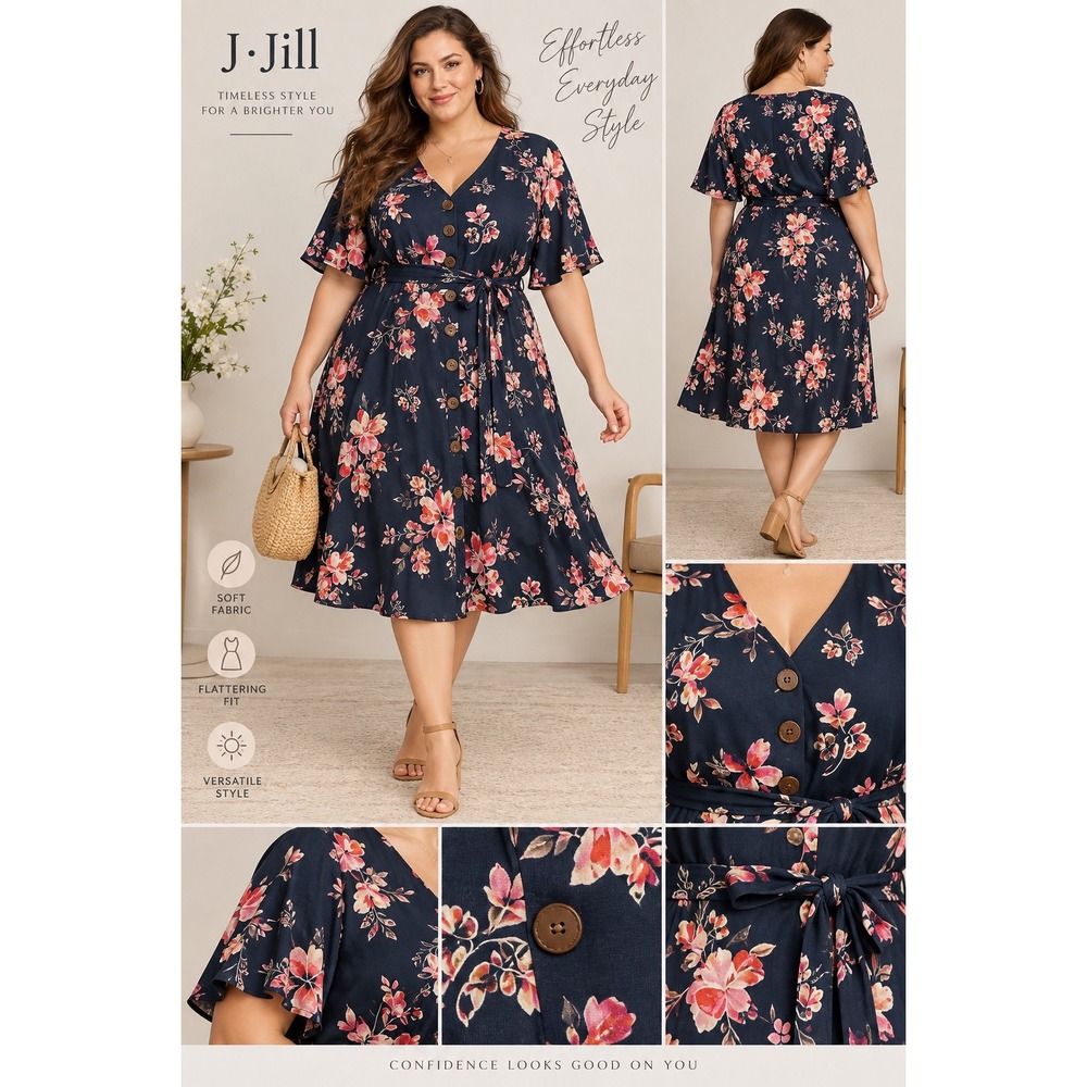 J. Jill Navy Blue Floral Button Front Midi Dress Plus Size 3X NWT